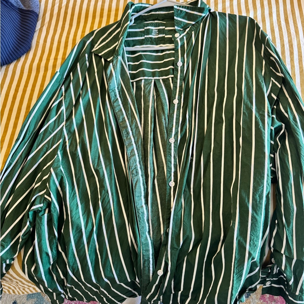 aerie Green and White Striped Casual Button-Up - Picture 2 of 3